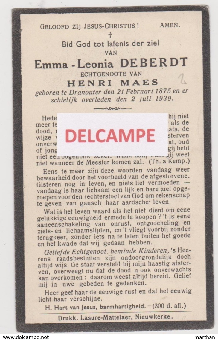 DOODSPRENTJE DEBERDT EMMA ECHTGENOTE MAES DRANOUTER 1875 - 1939 Bewerkt Tegen Kopieren - Devotieprenten