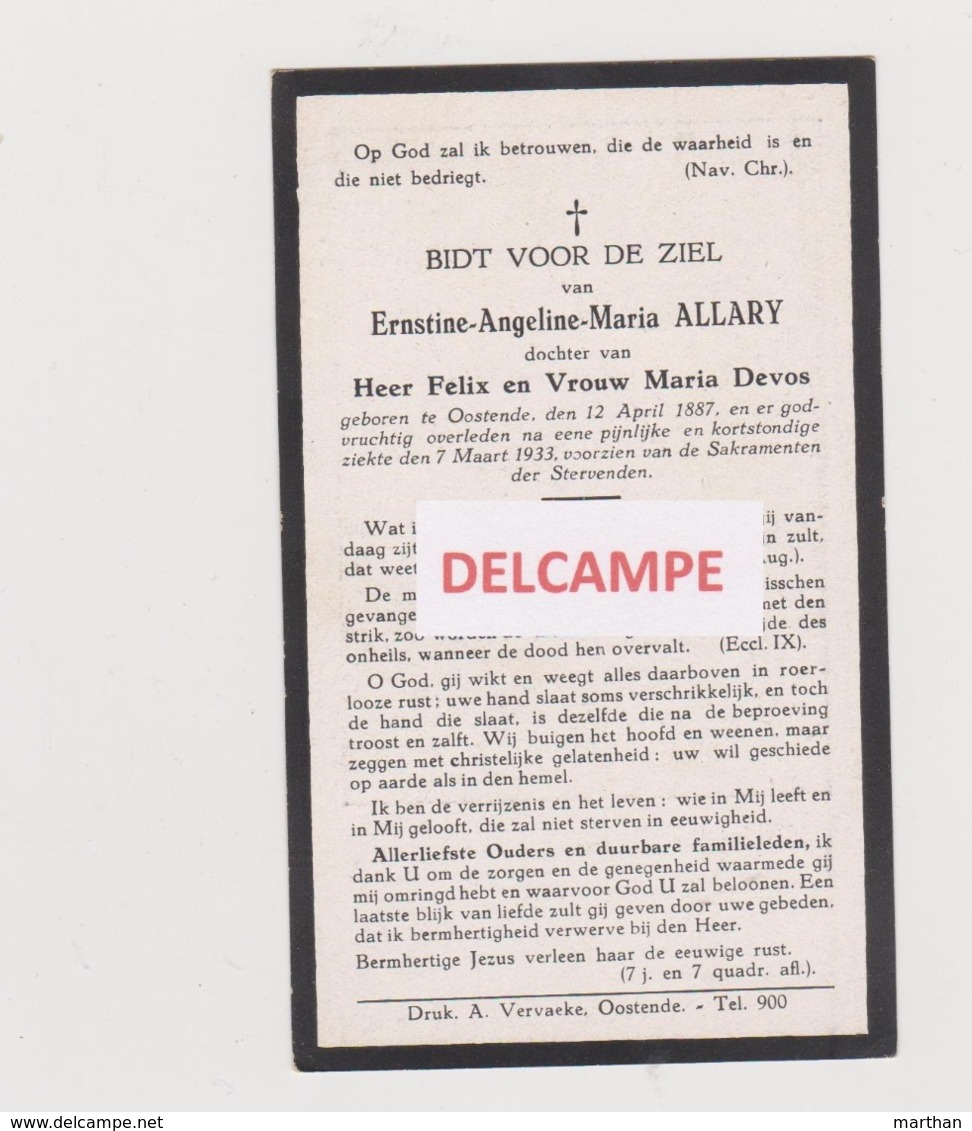 DOODSPRENTJE ALLARY ERNSTINE DOCHTER VAN FELIX EN DEVOS OOSTENDE 1887 - 1933 Bewerkt Tegen Kopieren - Images Religieuses