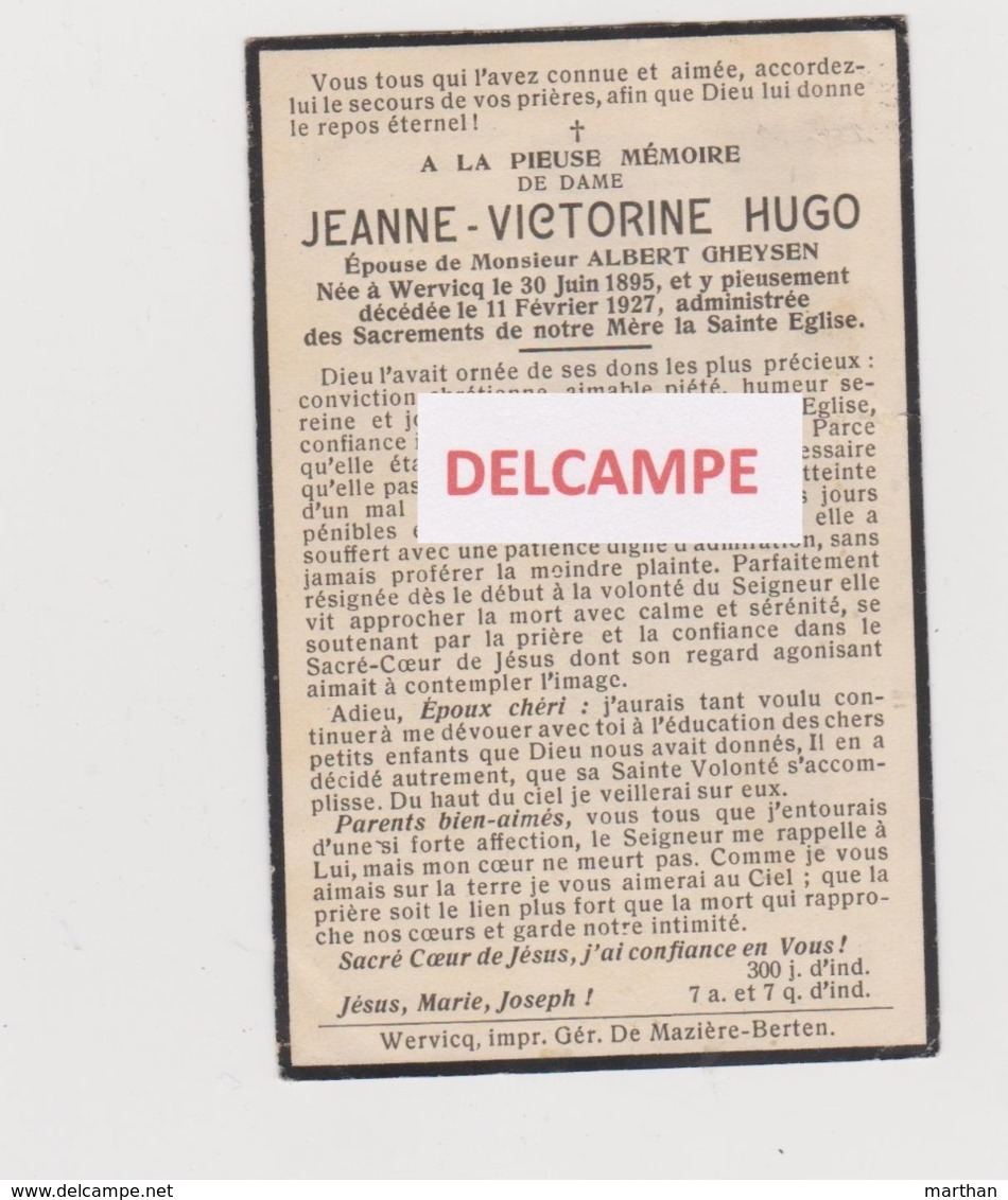 DOODSPRENTJE HUGO JEANNE EPOUSE GHEYSEN WERVICQ 1895 -1927 Bewerkt Tegen Kopieren - Devotieprenten