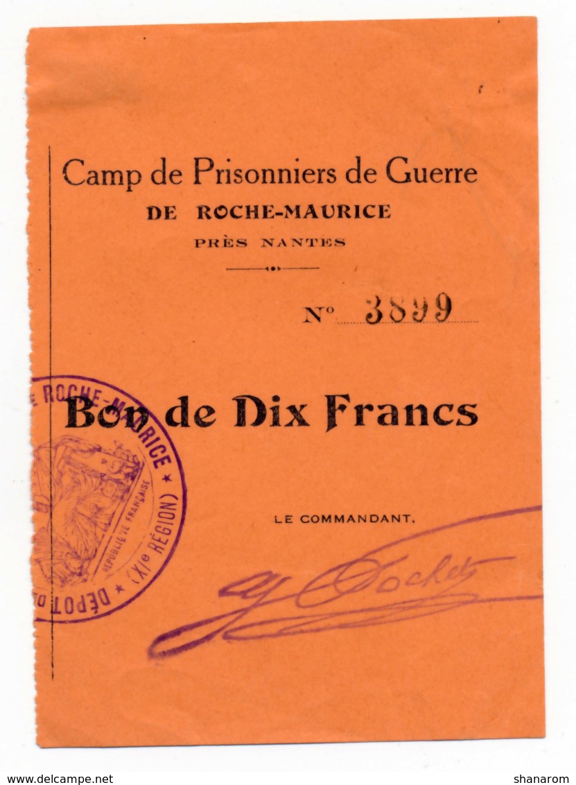 1914-1918 // P.O.W. // Bon De Prisonnier De Guerre // ROCHE-MAURICE (NANTES) // Bon De Dix Francs - Bons & Nécessité