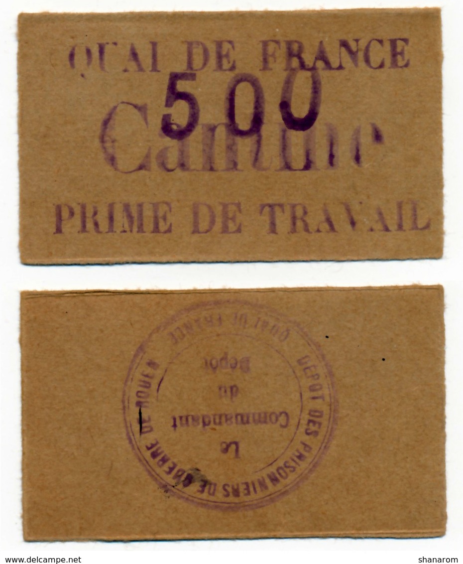 1914-1918 // P.O.W. // Bon De Prisonnier De Guerre // ROUEN / QUAI DE FRANCE // Bon De Cinq Francs - Bons & Nécessité