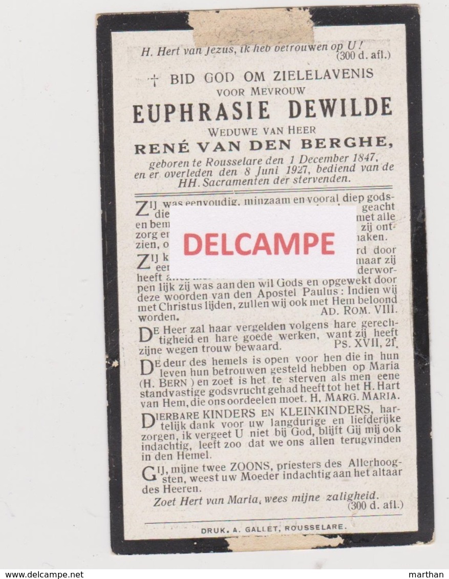 DOODSPRENTJE DEWILDE EUPHRASIE WEDUWE VAN DEN BERGHE ROESELARE 1847 - 1927  Bewerkt Tegen Kopieren - Devotieprenten