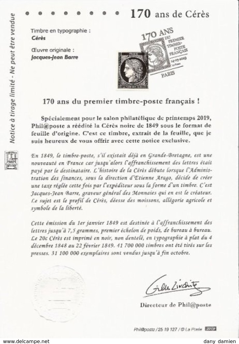 Document Philatélique N° 25 19 127 - 170 Ans Du Premier Timbre-Poste Français Avec Timbre Cérès 0,20€ - Documents De La Poste