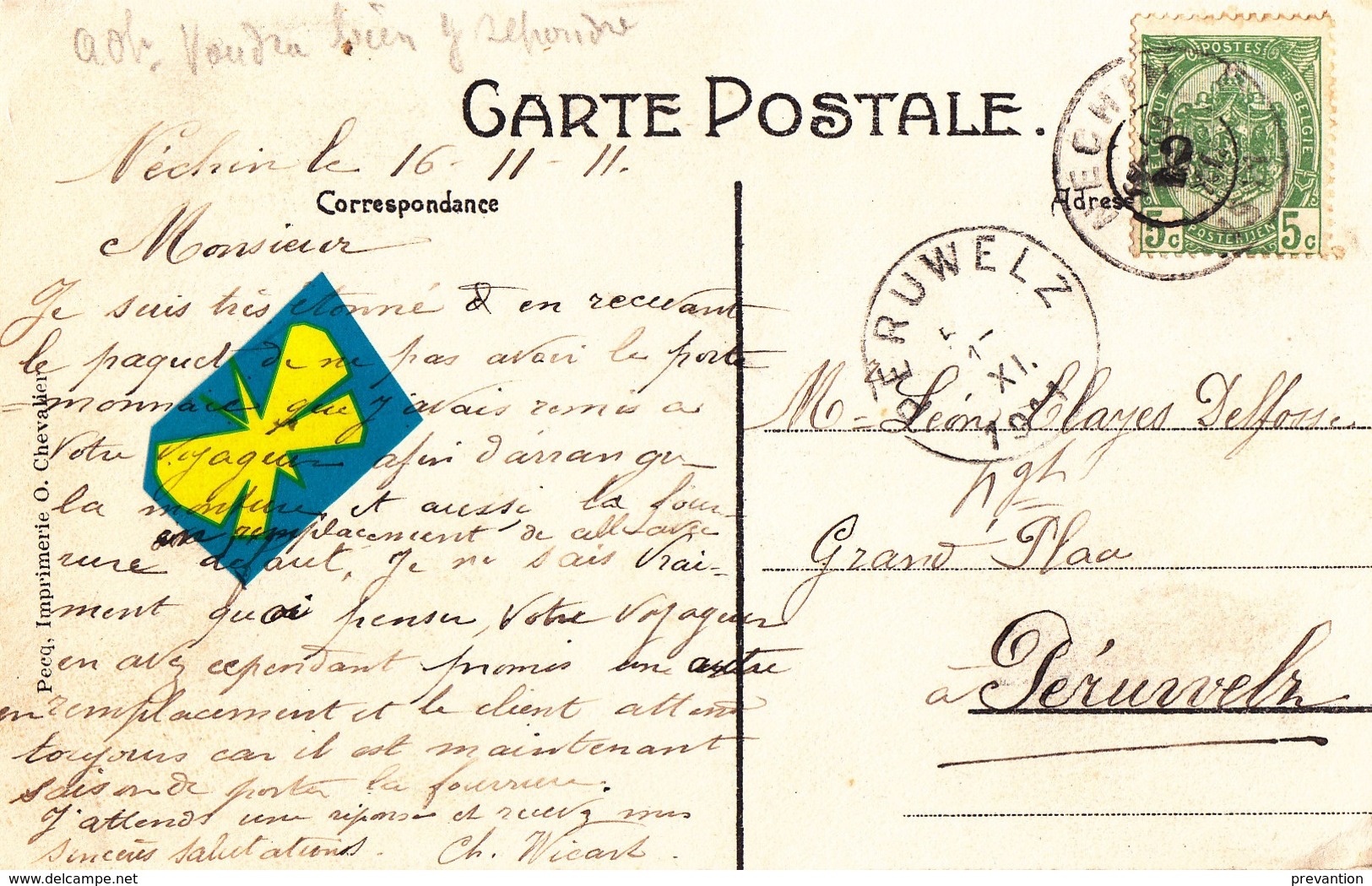 NECHIN - L'Eglise - Carte Circulée 16 Novembre 1911 - Estaimpuis