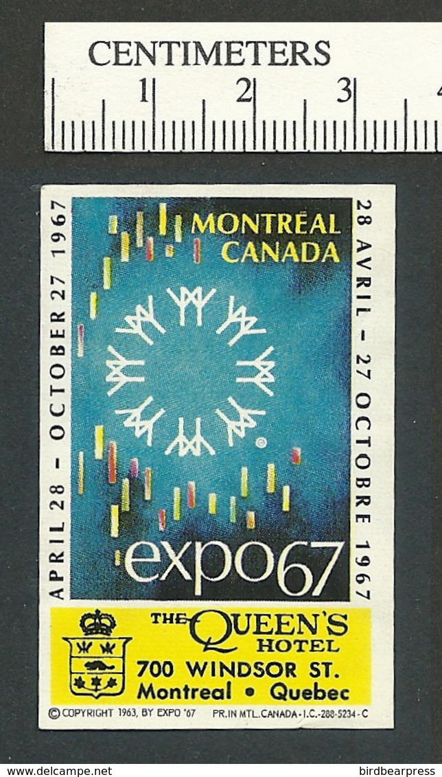 B55-86 CANADA Expo67 Label Queen's Hotel Used - Local, Strike, Seals & Cinderellas