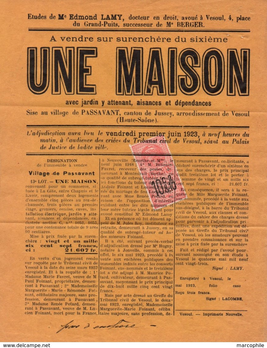 PASSAVANT - JUSSEY - HAUTE SAONE / 1923 FISCAL SUR AFFICHE DE VENTE D'UNE MAISON  (ref 4325) - Autres & Non Classés