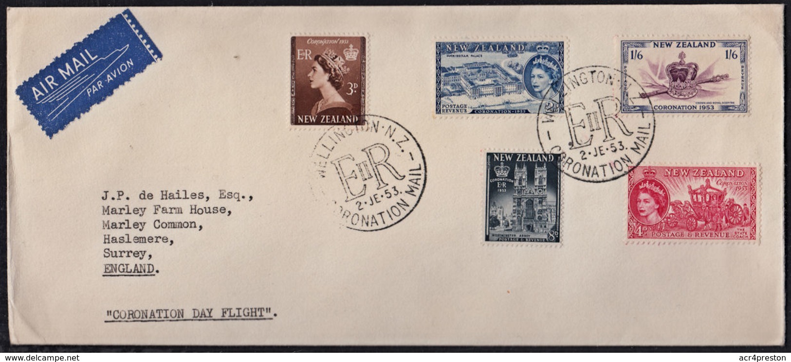 Ca5175 NEW ZEALAND 1953, SG 714-8 Queen Elizabeth II Coronation,  Coronation Day Flight - Covers & Documents