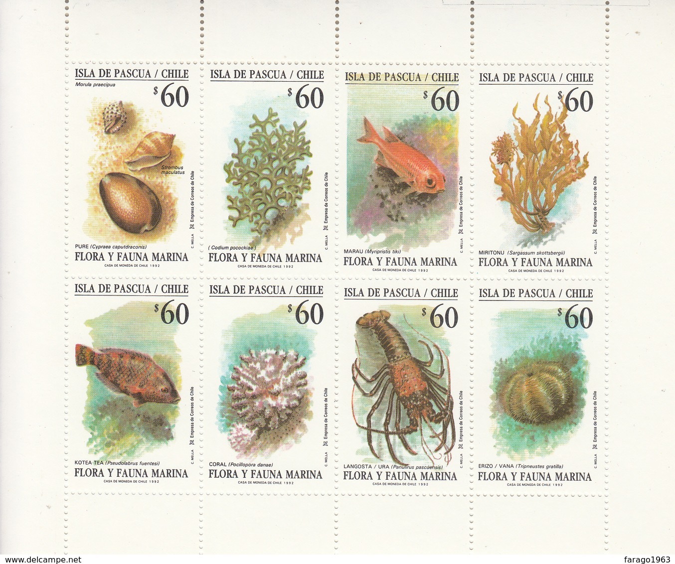 1992 Chile Easter Island Marine Life Seal Lobster Fish Miniature Sheet Of 8 MNH - Chile