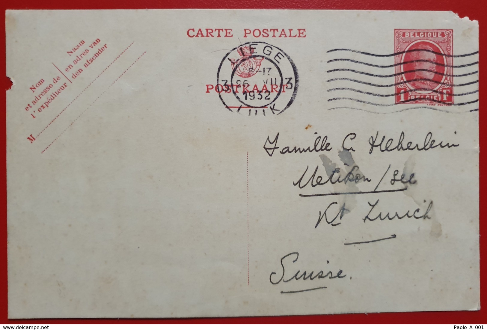 BELGIQUE BELGIE CARTE POSTALE POSTKAART LIEGE 1932 TO UETIKON ZURICH SWITZERLAND (SEE PICTURE FOR CONDITION) - Other & Unclassified