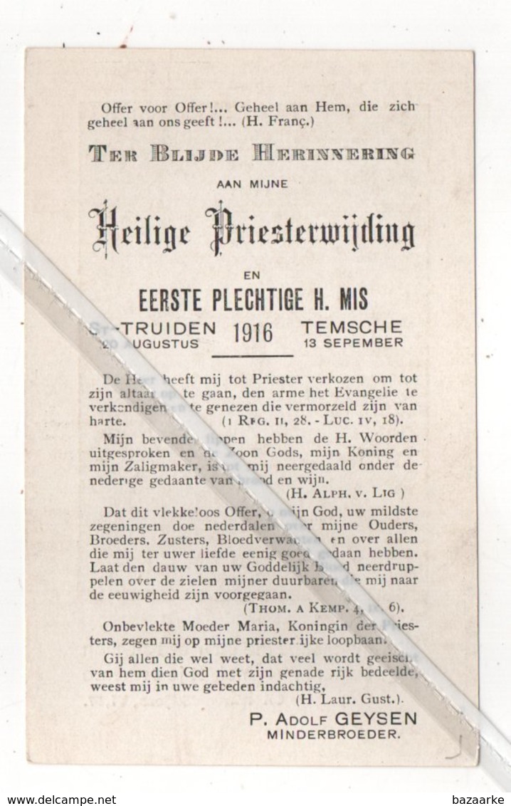 TEMSCHE..1916.. HEILIGE PRIESTERWIJDING EERW. P. ADOLF GEYSEN MINDERBROEDER - Devotieprenten