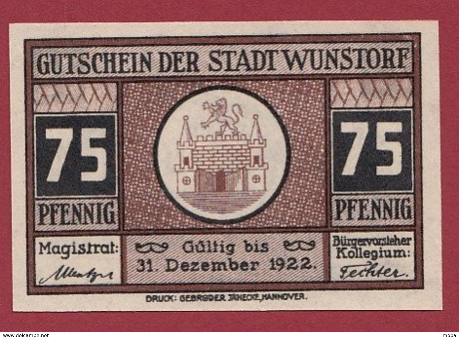 Allemagne 1 Notgeld 75 Pfenning Stadt Wunstorf  Dans L 'état Lot N °5141 - Collections