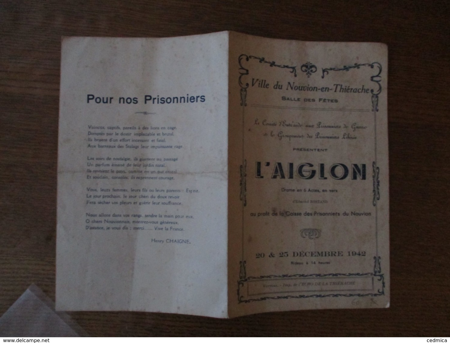 VILLE DU NOUVION EN THIERACHE 20 & 25 DECEMBRE 1942 L'AIGLON AU PROFIT DE LA CAISSE DES PRISONNIERS DU NOUVION - Historische Dokumente