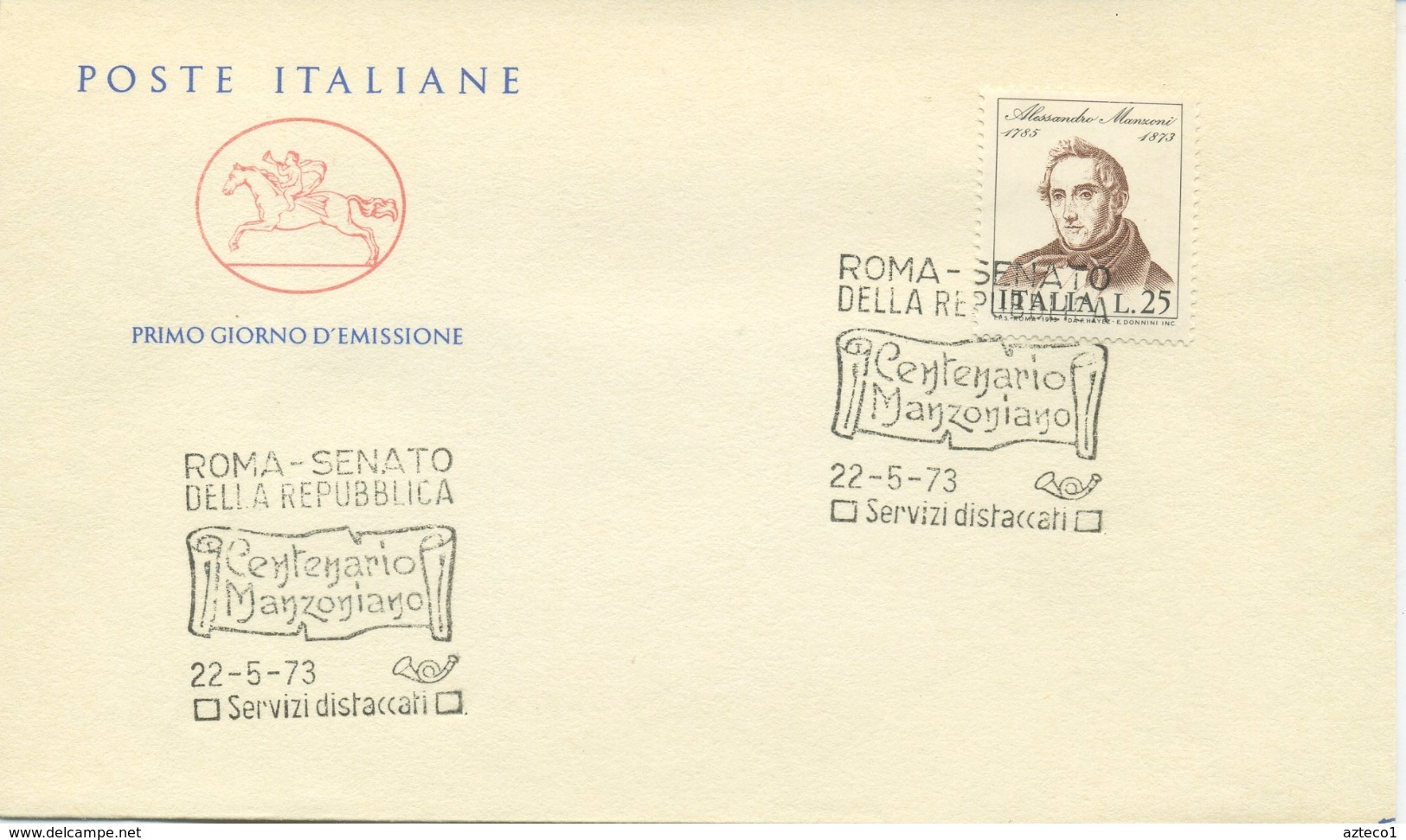 ITALIA - FDC CAVALLINO 1973 - ALESSANDRO MANZONI - LETTERATURA - FDC