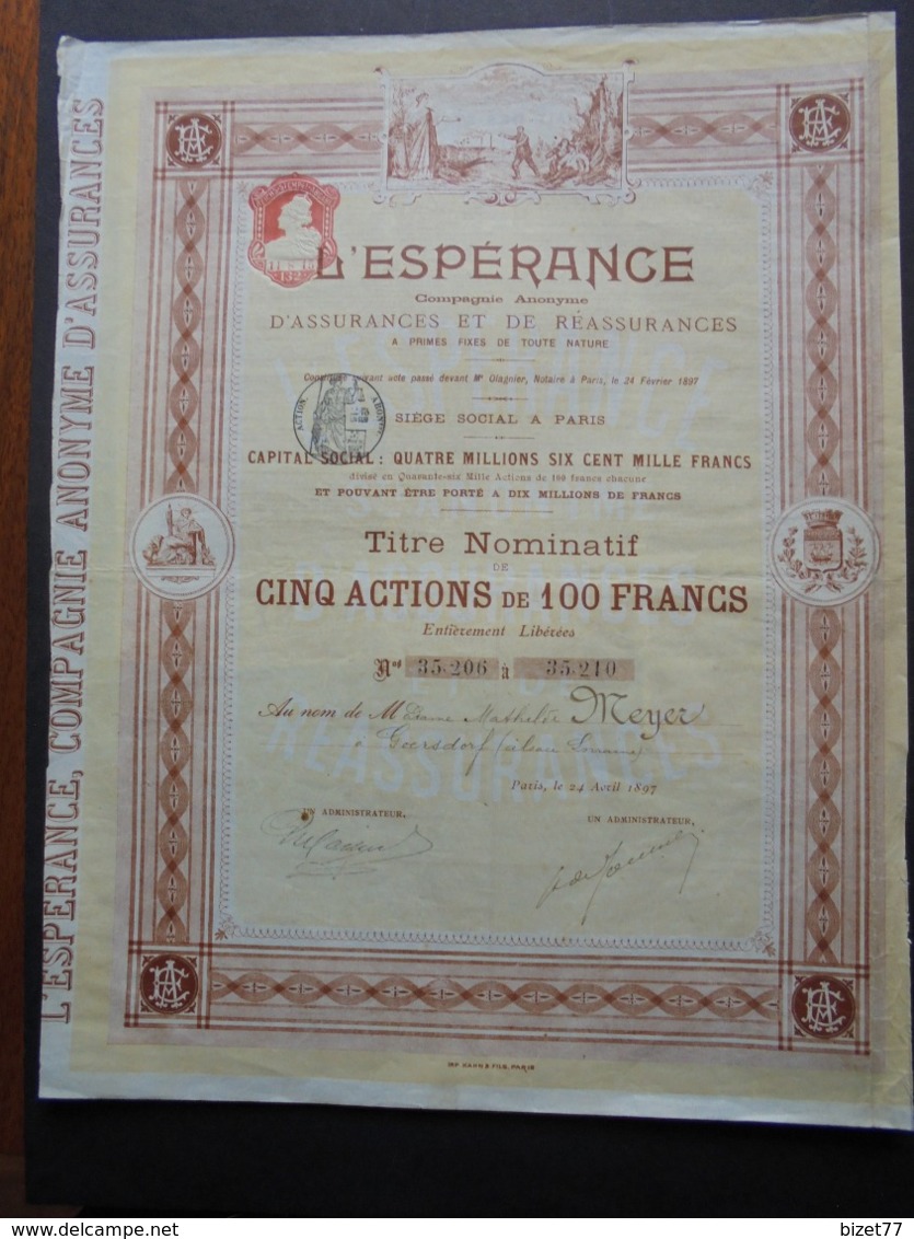 FRANCE - PARIS, 1897 - L'ESPERANCE - ASSURANCES - TITRE DE 5 ACTIONS DE 100 FRS - BELLE VIGNETTE - Altri & Non Classificati