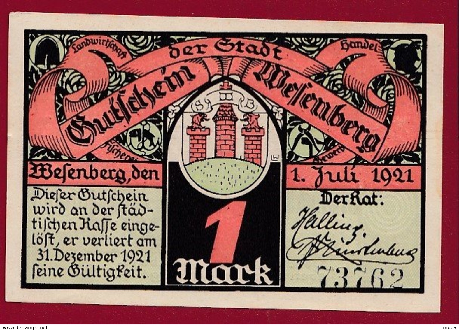 Allemagne 1 Notgeld 1 Mark Stadt Wesenberg (  RARE ) Dans L 'état Lot N °5165 - Collections