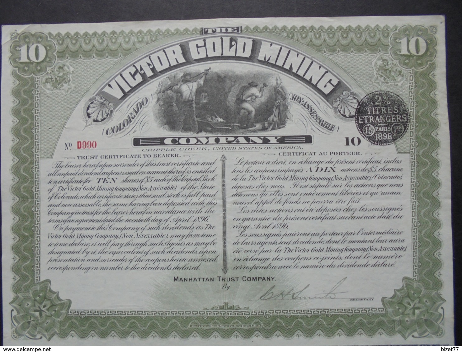 USA - MANHATTAN 1898 - VICTOR GOLD MINING - TITRE DE 10 ACTIONS DE 5 DOLLARS - BELLE VIGNETTE - Altri & Non Classificati