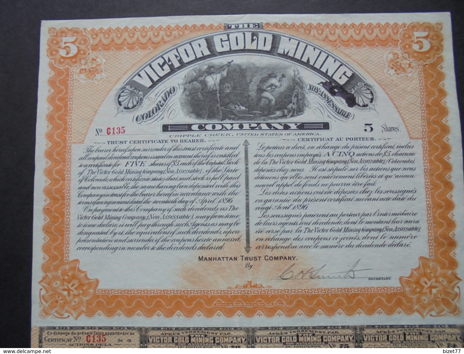 USA - MANHATTAN 1896 - VICTOR GOLD MINING - TITRE DE 5 ACTIONS DE 5 DOLLARS - BELLE VIGNETTE - Altri & Non Classificati