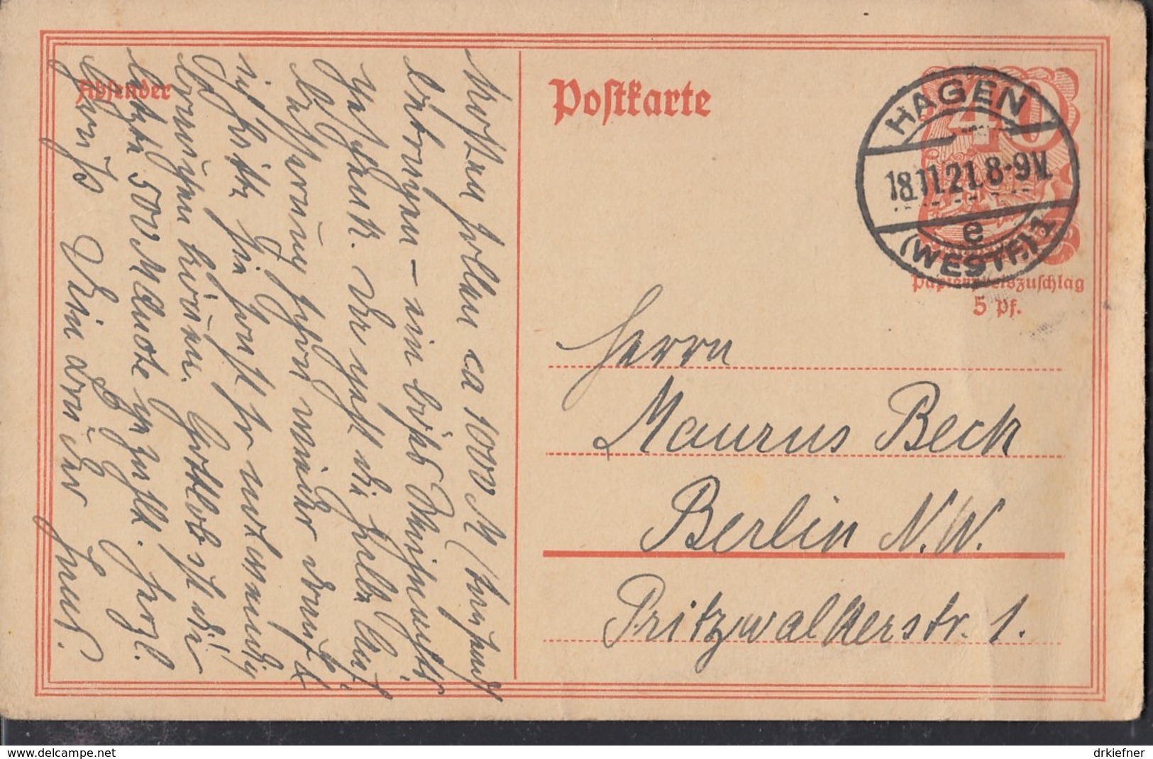 INFLA:  DR P 141 I/004 Ferngebühr, Mit Stempel: Hagen 18.11.1921, Postreiter - Sonstige & Ohne Zuordnung