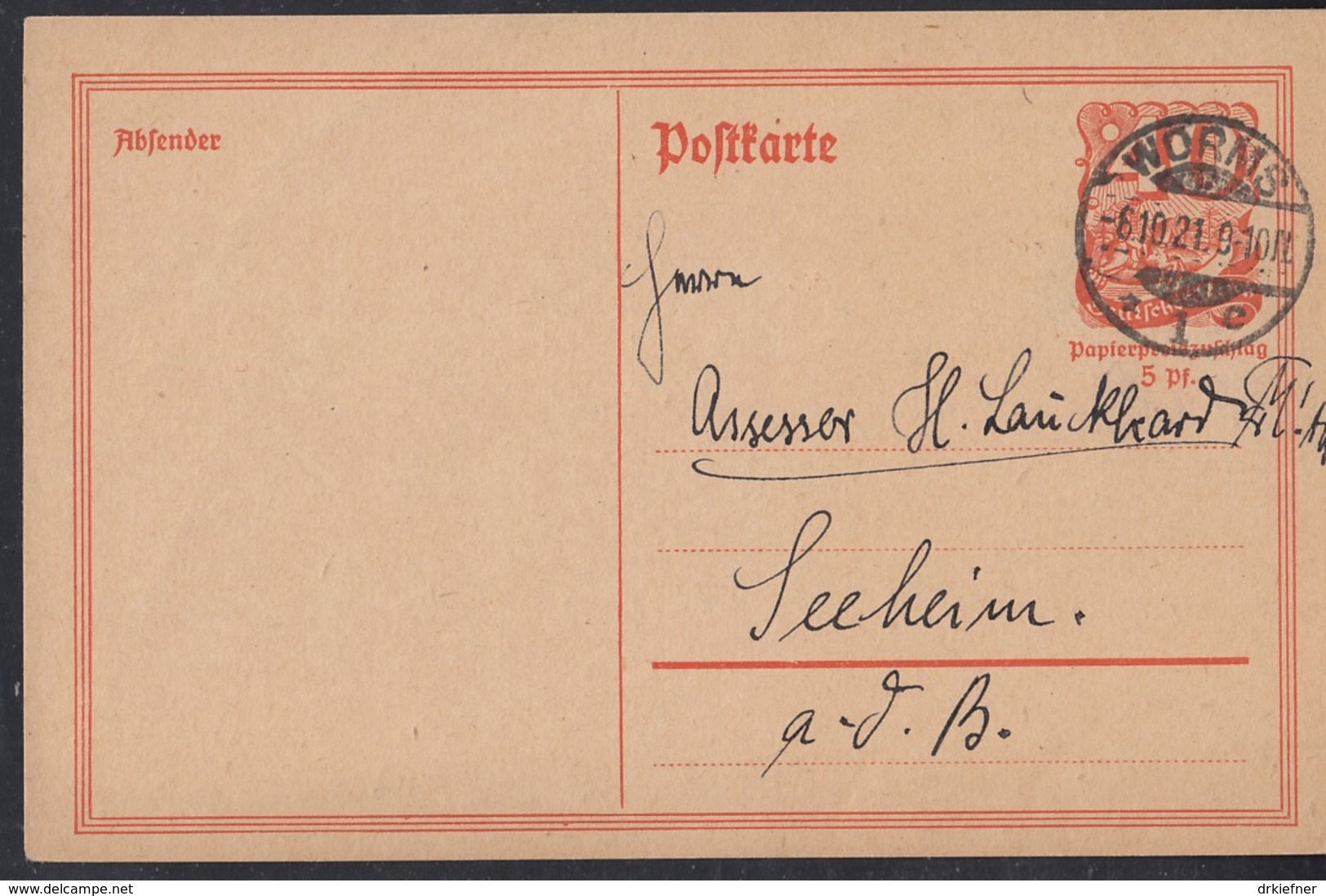 INFLA:  DR P 141 I/004 Ferngebühr, Mit Stempel: Worms 6.10.1921, Postreiter - Sonstige & Ohne Zuordnung