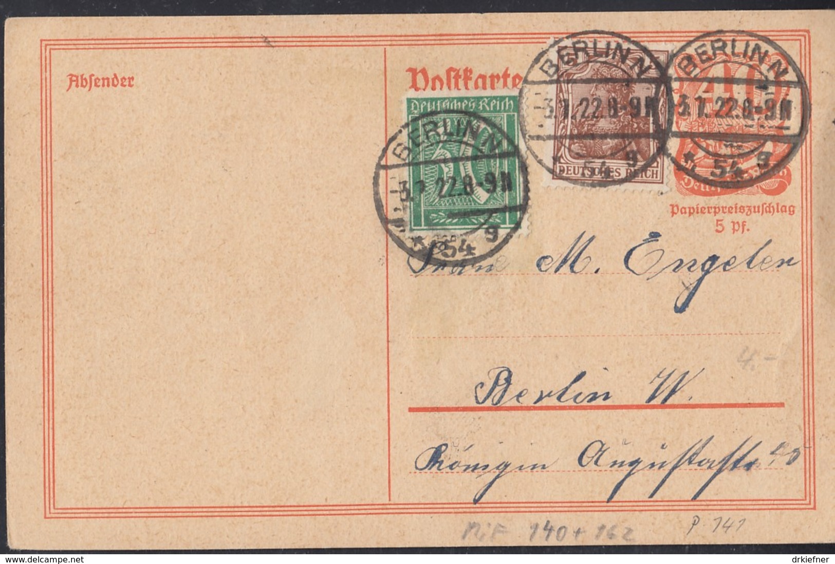 INFLA:  DR P 141 I/005 Mit ZFr. 140 A, 162, Ortsgebühr, Mit Stempel: Berlin N54g 3.1.1922, Postreiter - Sonstige & Ohne Zuordnung