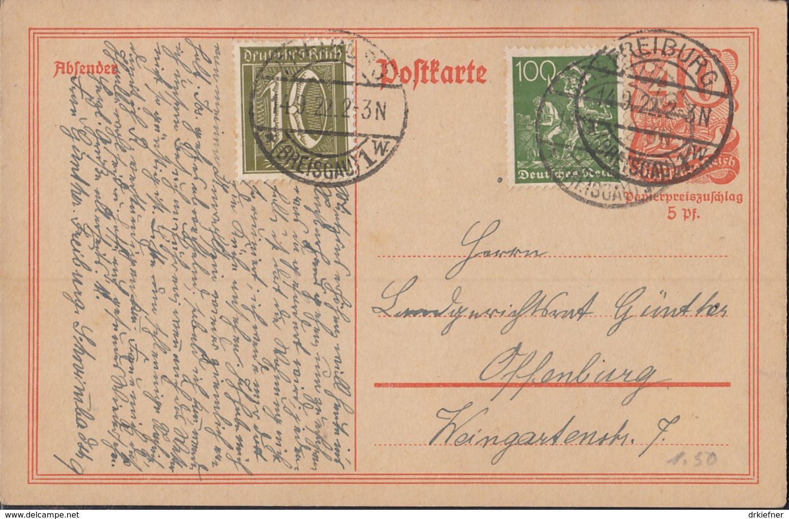 INFLA:  DR P 141 I/008, Mit  ZFr. 159 A, 187 A Fernporto Mit Stempel: Freiburg 14.9.1922, Postreiter - Sonstige & Ohne Zuordnung