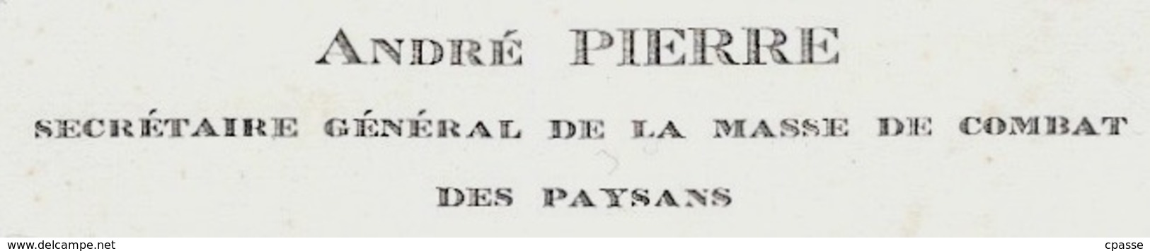 Carte De Visite ANDRE PIERRE Secrétaire Général "MASSE De COMBAT Des PAYSANS" (Progrès Agricole) Agriculture 80 Amiens - Cartoncini Da Visita