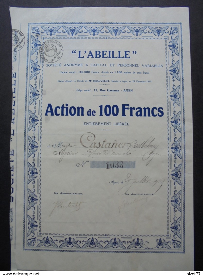 FRANCE - LOT ET GARONNE, AGEN 1923 6 L'ABEILLE  - ACTION DE 100 FRS - BELLE FRISSE - Altri & Non Classificati