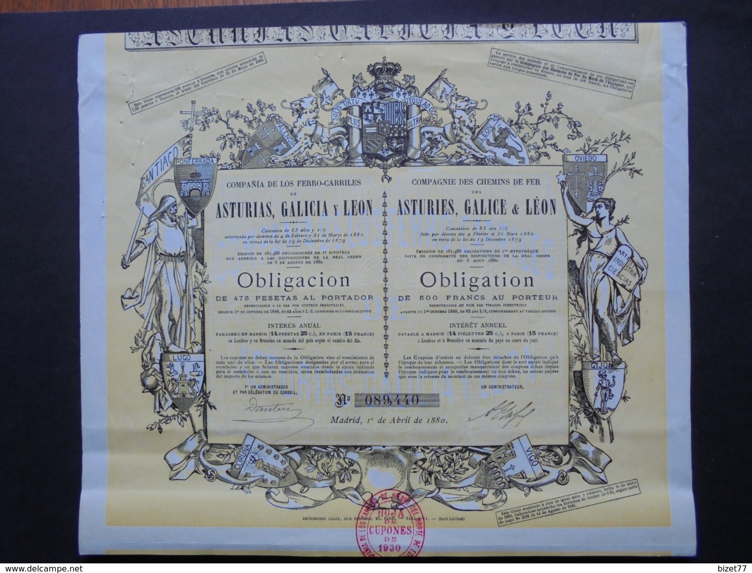 ESPAGNE - MADRID 1880 - CIE DES CHEMIN DE FER, ASTURIES, GALICE ET LEON - OBLIGATION DE 500 FRS - BELLE DECO - Altri & Non Classificati