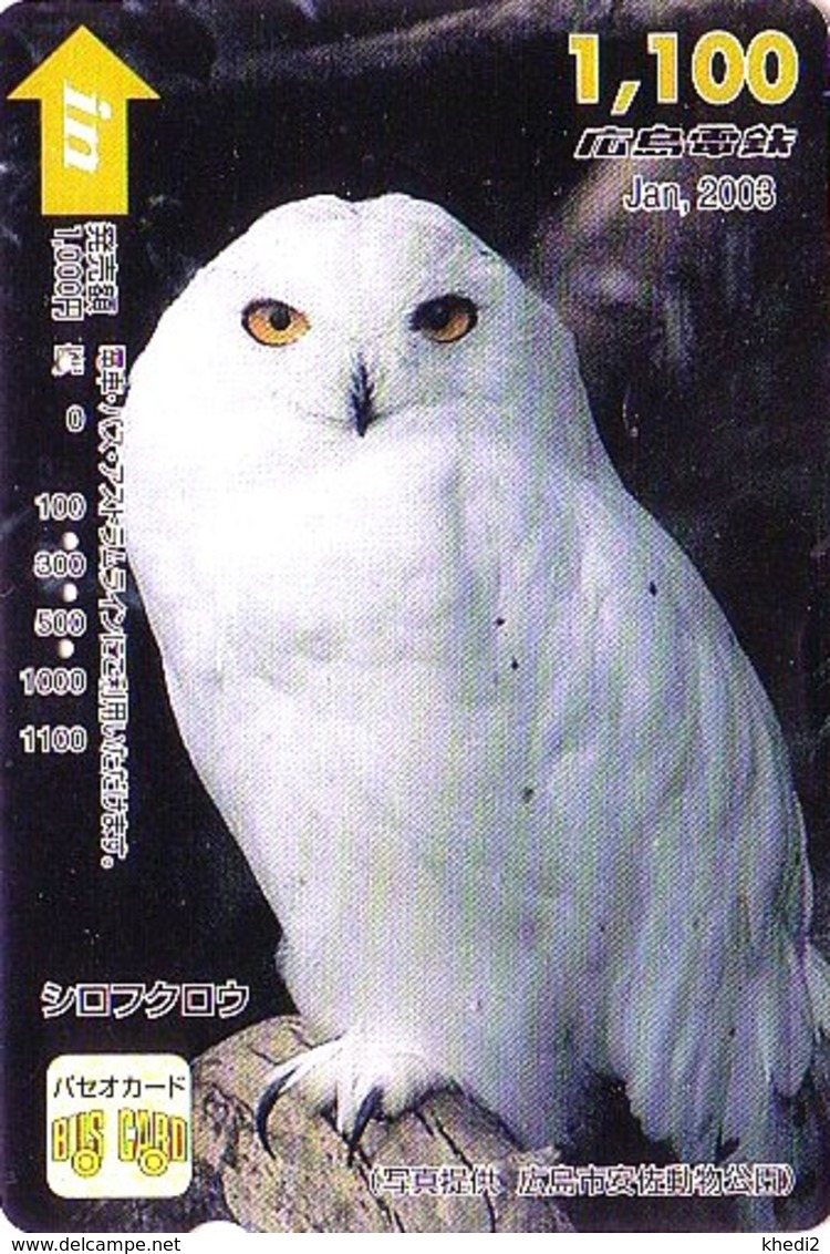 Carte Japon / Série Mois 2003 : 01/12 - ANIMAL OISEAU HIBOU HARFANG - SNOWY OWL Japan Prepaid Bus Card / V1 - Hiro 4497 - Búhos, Lechuza