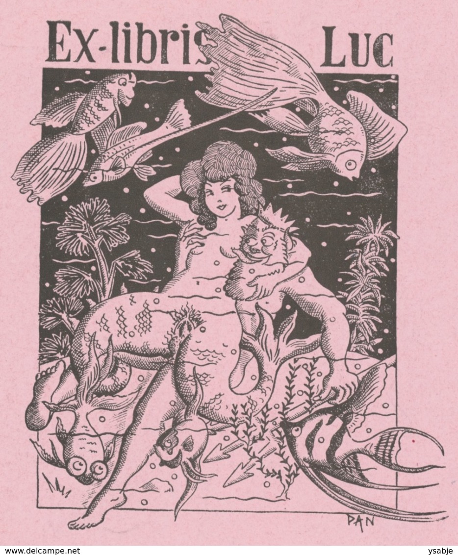 Ex Libris Luc - Paul Francois Morvan (1902-1986) (Pan) - Erotica - Zeemeermin Sirene Mermaid - Ex-Libris