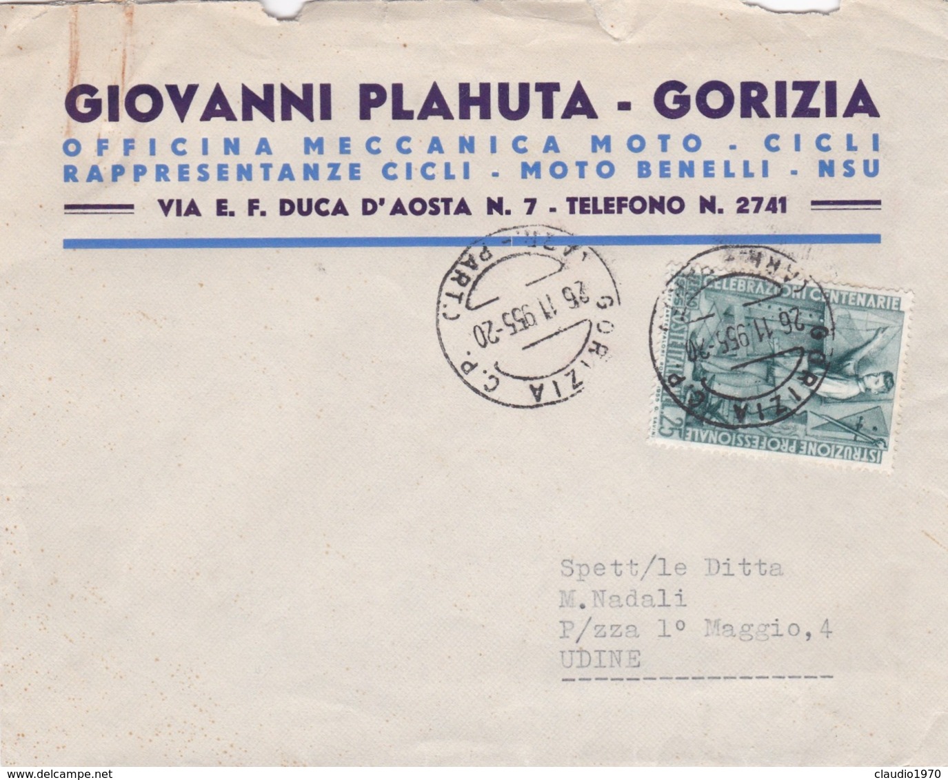 BUSTA VIAGGIATA - GORIZIA - OFFICINA MECCANICA MOTO - CICLI - DI GIOVANNI PLAHUTA - VIAGGIATA - UDINE - 1946-60: Storia Postale