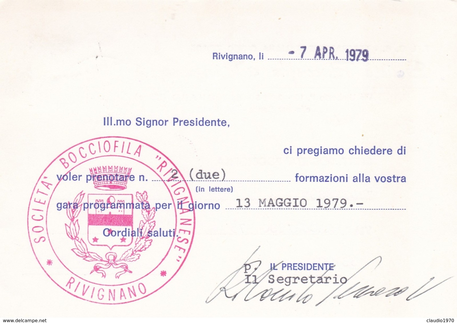 STORIA POSTALE - RIVIGNANO ( UDINE) - FEDERAZIONE ITALIANA GIOCO BOCCE - SOCIETA' BOCCIOFILA  - VIAGGIATA - UDINE - 1981-90: Marcophilia