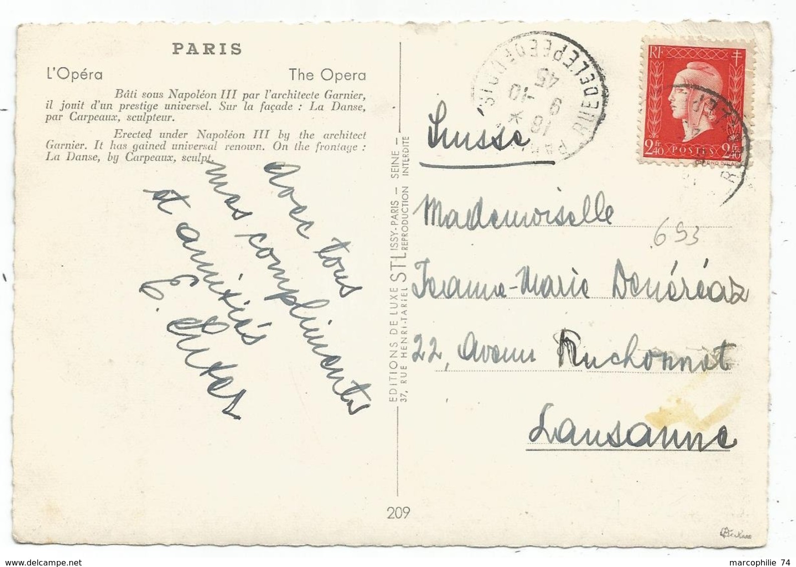 DULAC 2FR40 N°693 SEUL CARTE PARIS 9.10.1945 POUR SUISSE RARE AU TARIF SIGNE CALVES - 1944-45 Marianne Van Dulac