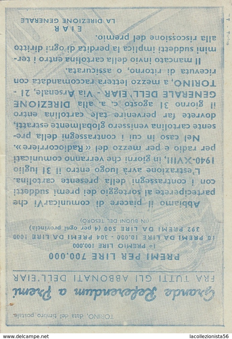 9600-CARTOLINA "GRANDE REFERENDUM A PREMI-EIAR"-1940-FG - Biglietti Della Lotteria