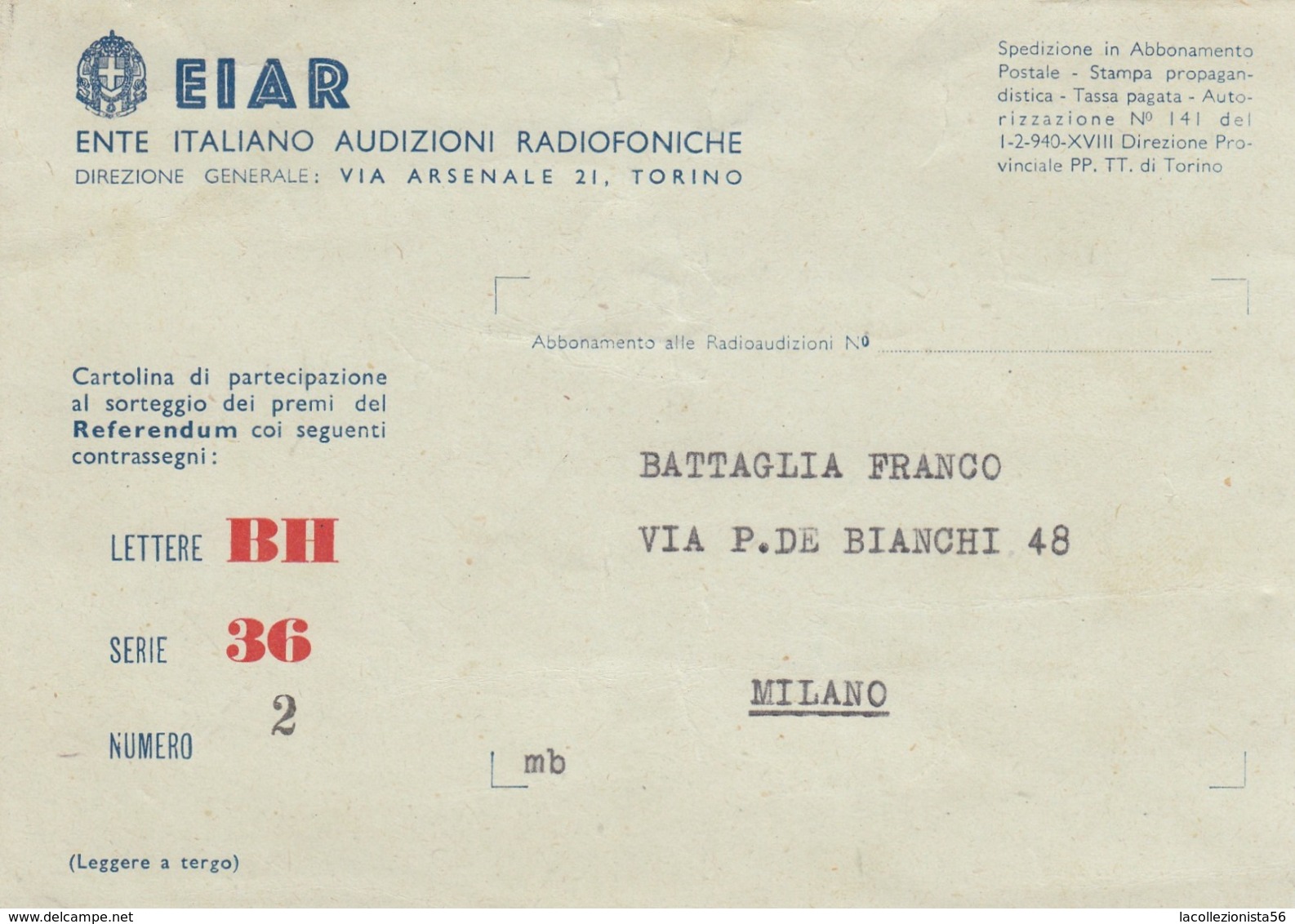 9600-CARTOLINA "GRANDE REFERENDUM A PREMI-EIAR"-1940-FG - Lotterielose