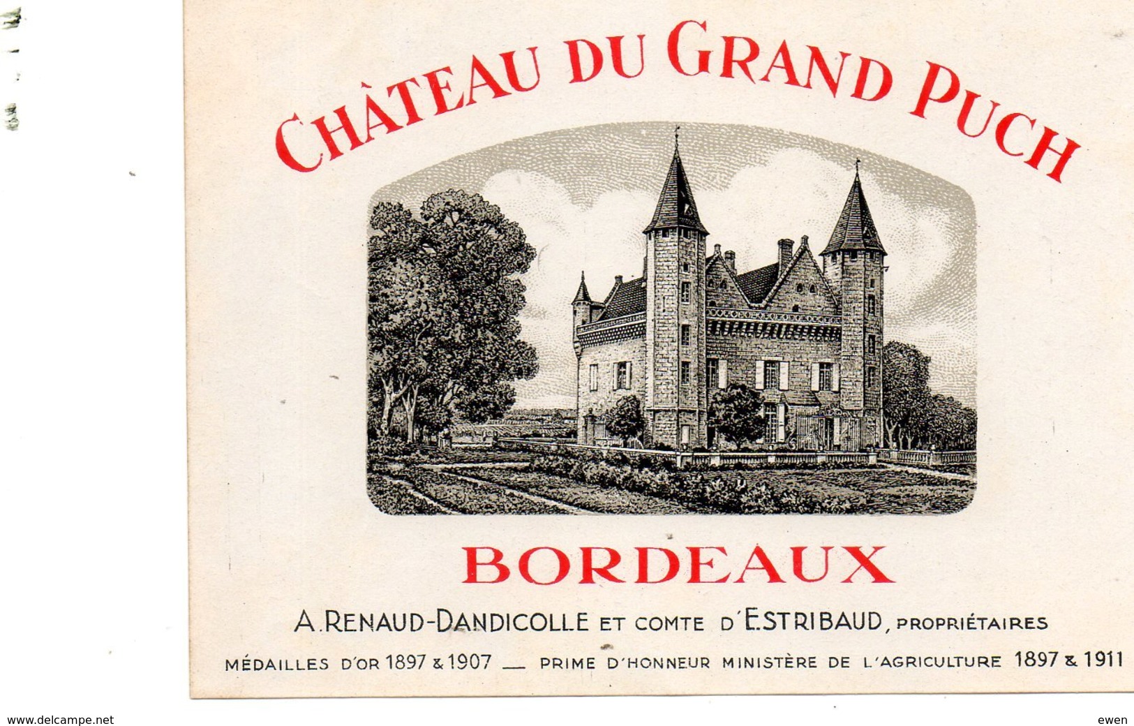 Etiquette De Vin Chateau Du Grand Puch (St-Emilion). Années 50. - Bordeaux