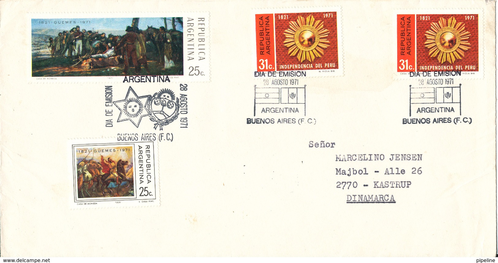 Argentina FDC 28-8-1971 4 Stamps On Cover Sent To Denmark - FDC