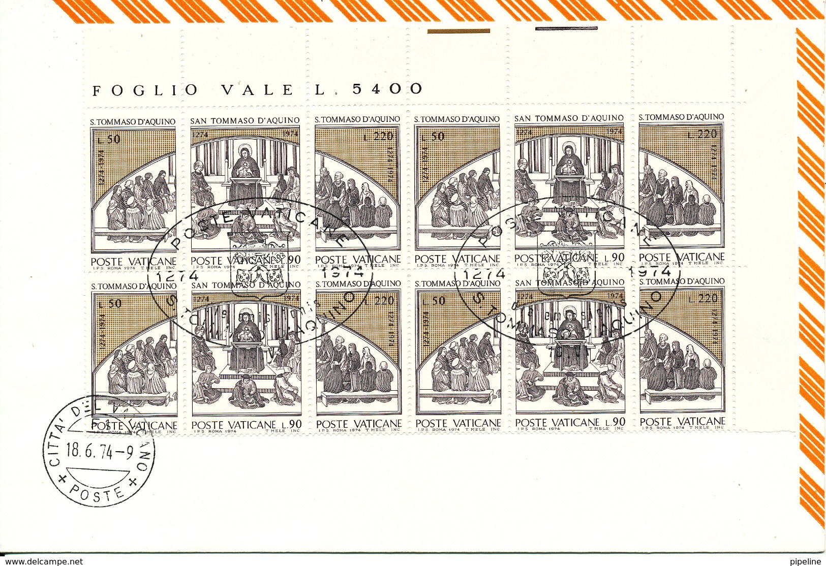Vatican FDC 18-6-1974 VII Centennial Death Of Thomas Of Aquin In Block Of 12 Stamps With Cachet - FDC