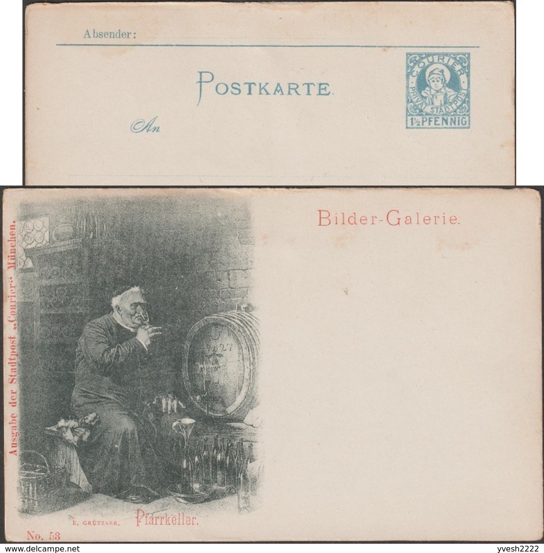 München 1897, Privatpost Courier, Ganzsache. Moine Remplissant Des Bouteilles Vides Depuis Un Fût De Vin. Entonnoir - Vins & Alcools