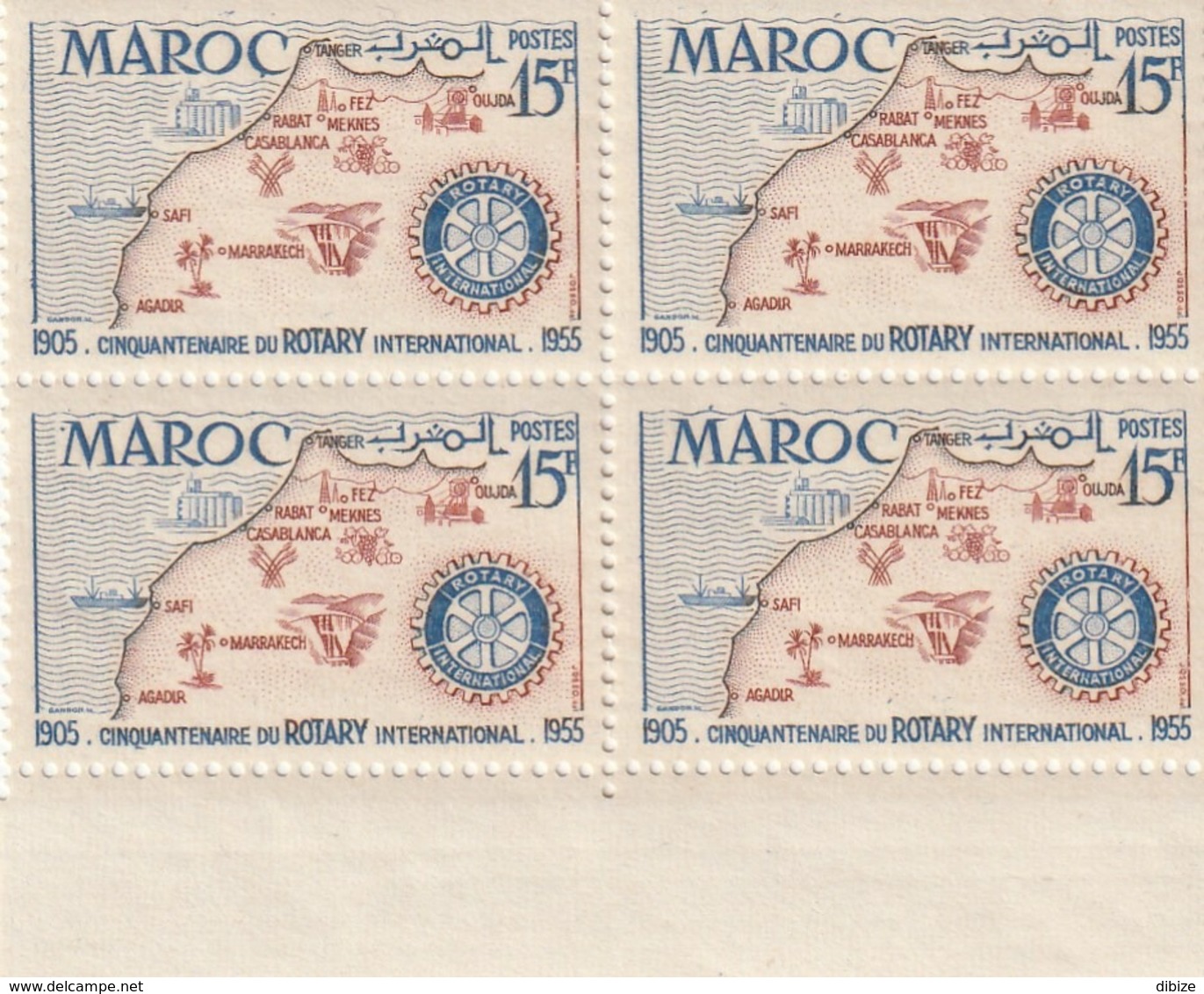 Maroc. Protectorat. Bloc De 4 Timbres,  Yvert N° 344 De 1955. Cinquantenaire Du Rotary International. - Rotary, Lions Club