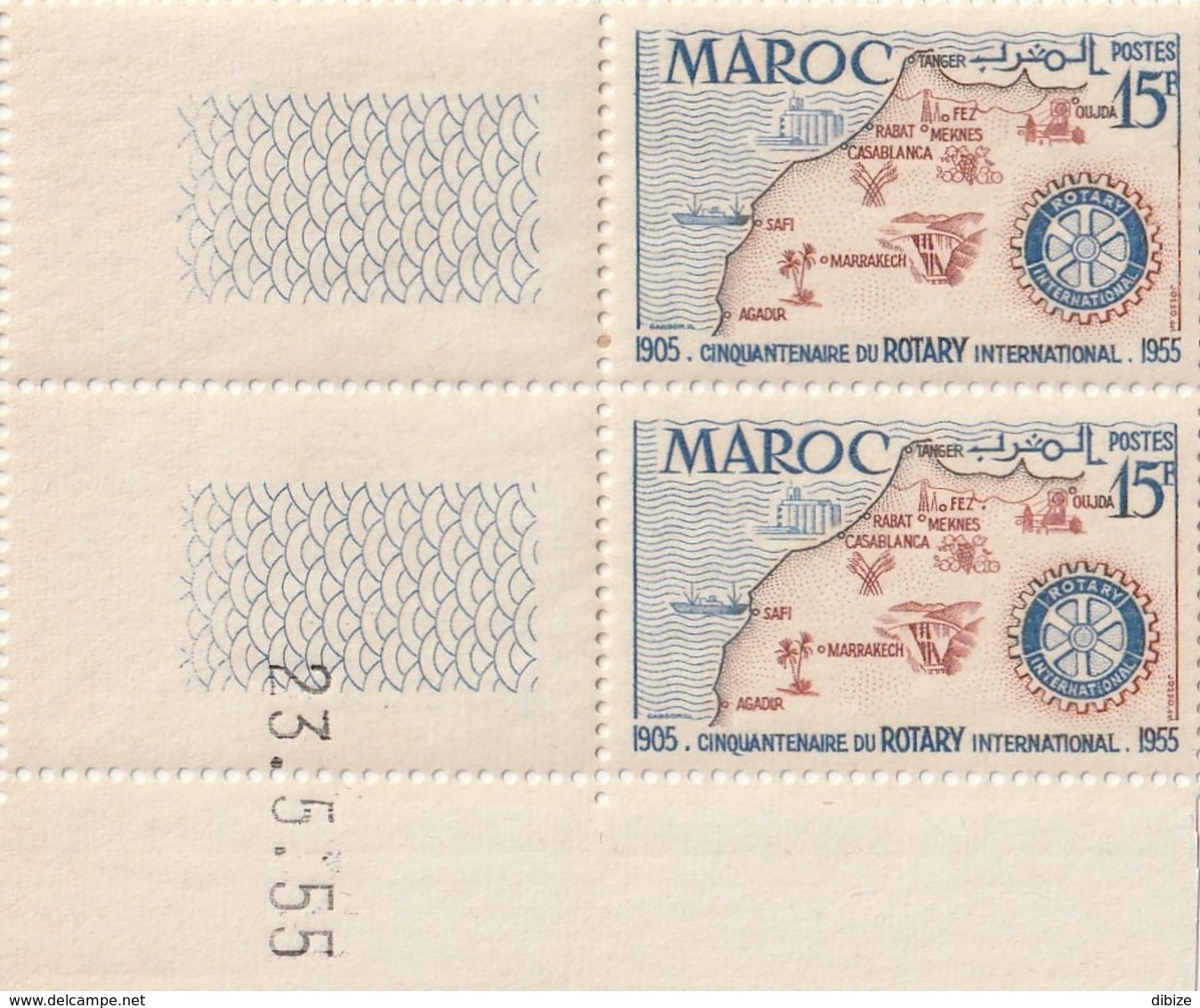 Maroc. Protectorat. Coin Daté De 2 Timbres,  Yvert N° 344 De 1955. Cinquantenaire Du Rotary International. - Rotary Club