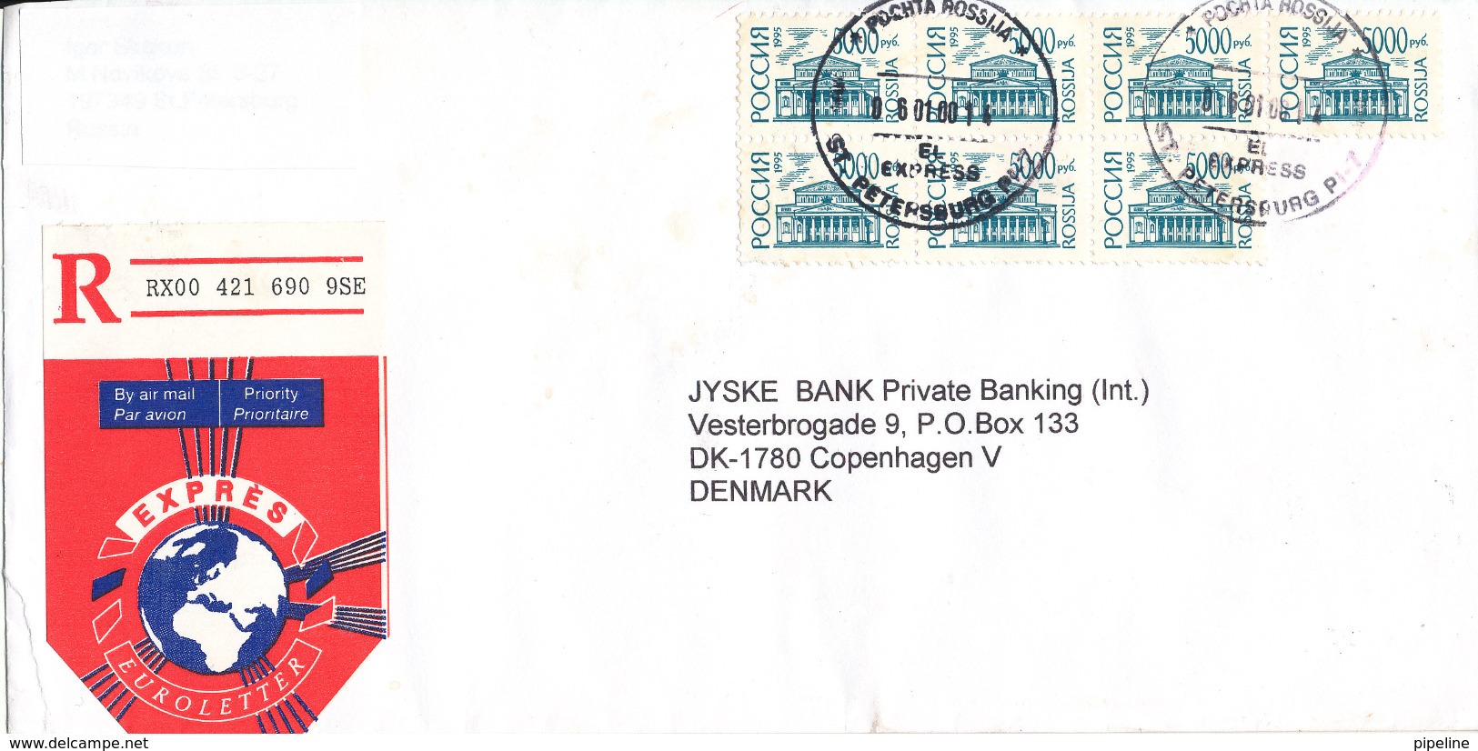 Russia Registered Cover Sent To Denmark St. Petersburg 6-1-2000 With 39 Of The Same Stamp - Briefe U. Dokumente