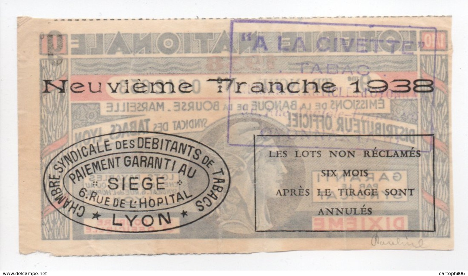 - BILLET DE LOTERIE NATIONALE 1938 - 9me TRANCHE - BANQUE DE LA BOURSE MARSEILLE - - Loterijbiljetten