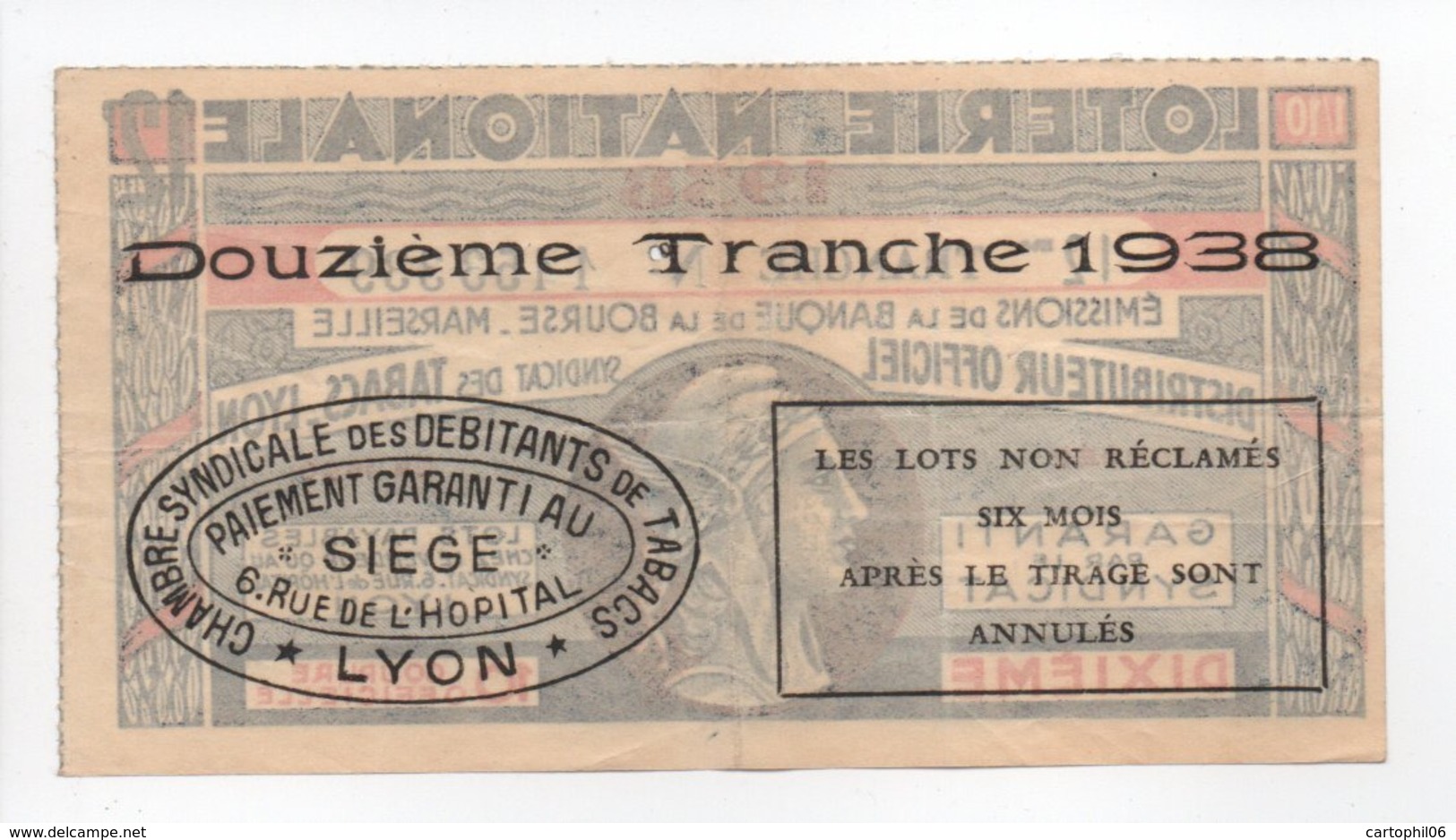 - BILLET DE LOTERIE NATIONALE 1938 - 12me TRANCHE - BANQUE DE LA BOURSE MARSEILLE - - Loterijbiljetten