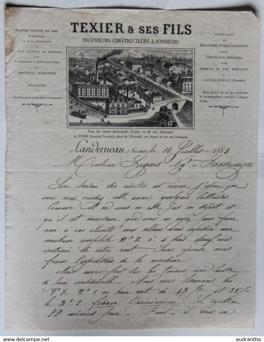 Courrier De 1885 Texier & Ses Fils Vitré Rue Neuve Et Landerneau Fonderie à M. Legars Négociant à Landrévarzec - 1800 – 1899