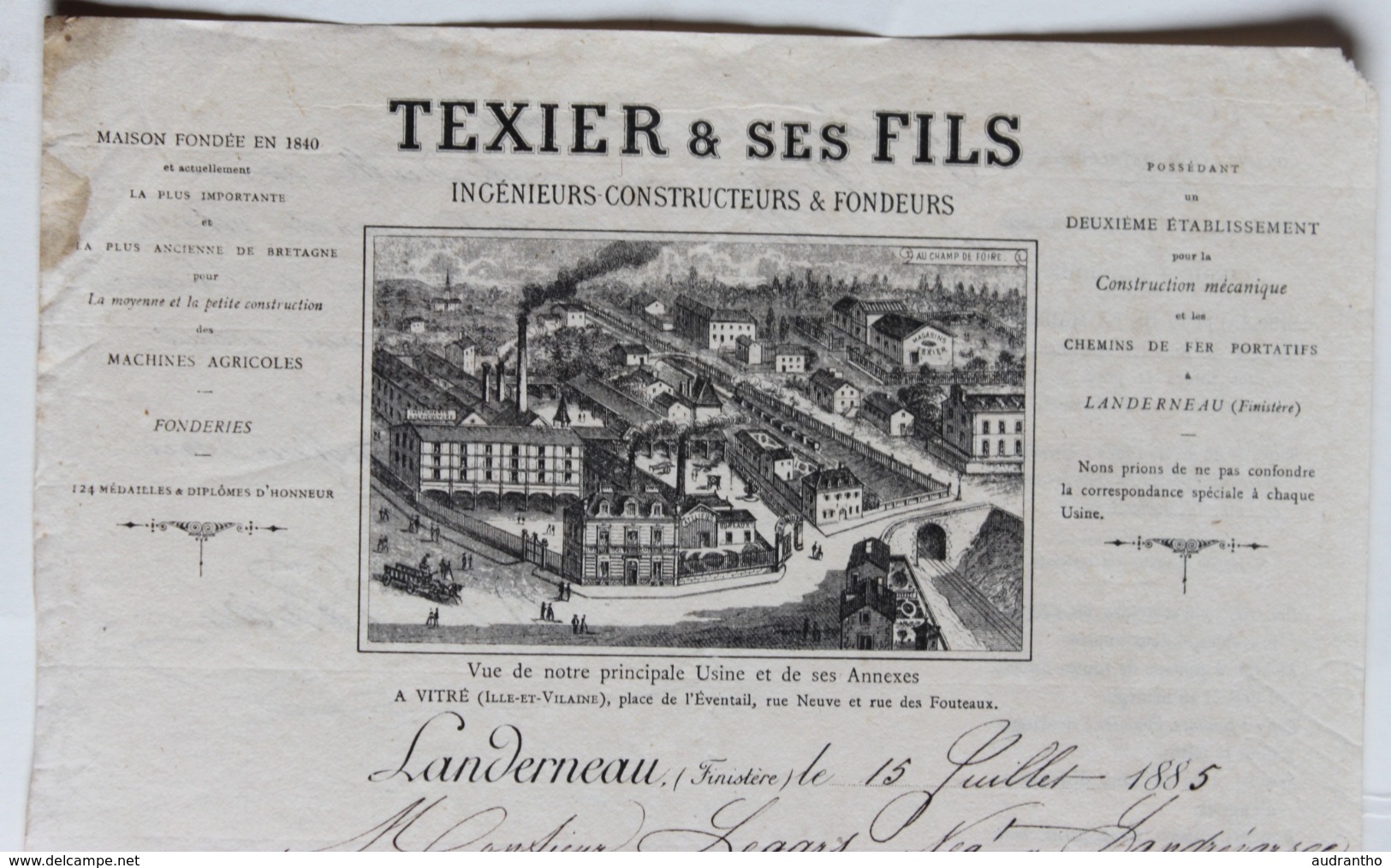 Courrier De 1885 Texier & Ses Fils Vitré Rue Neuve Et Landerneau Fonderie à M. Legars Négociant à Landrévarzec - 1800 – 1899