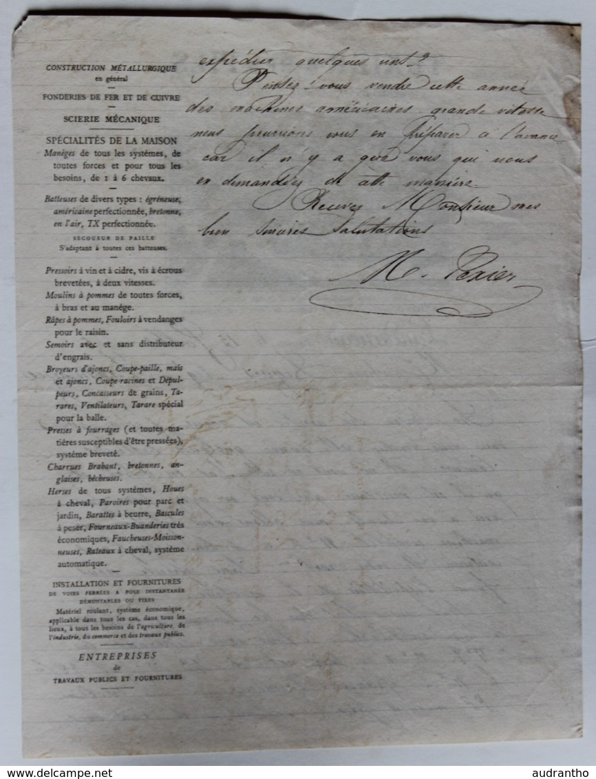 Courrier De 1885 Texier & Ses Fils Vitré Rue Neuve Et Landerneau Fonderie à M. Legars Négociant à Landrévarzec - 1800 – 1899