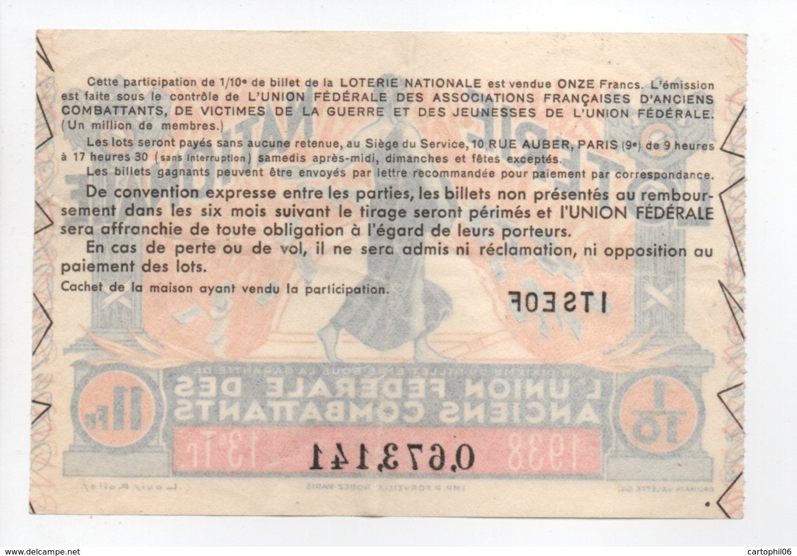 - BILLET DE LOTERIE NATIONALE 1938 - 13e TRANCHE - L'UNION FÉDÉRALE DES ANCIENS COMBATTANTS - - Loterijbiljetten