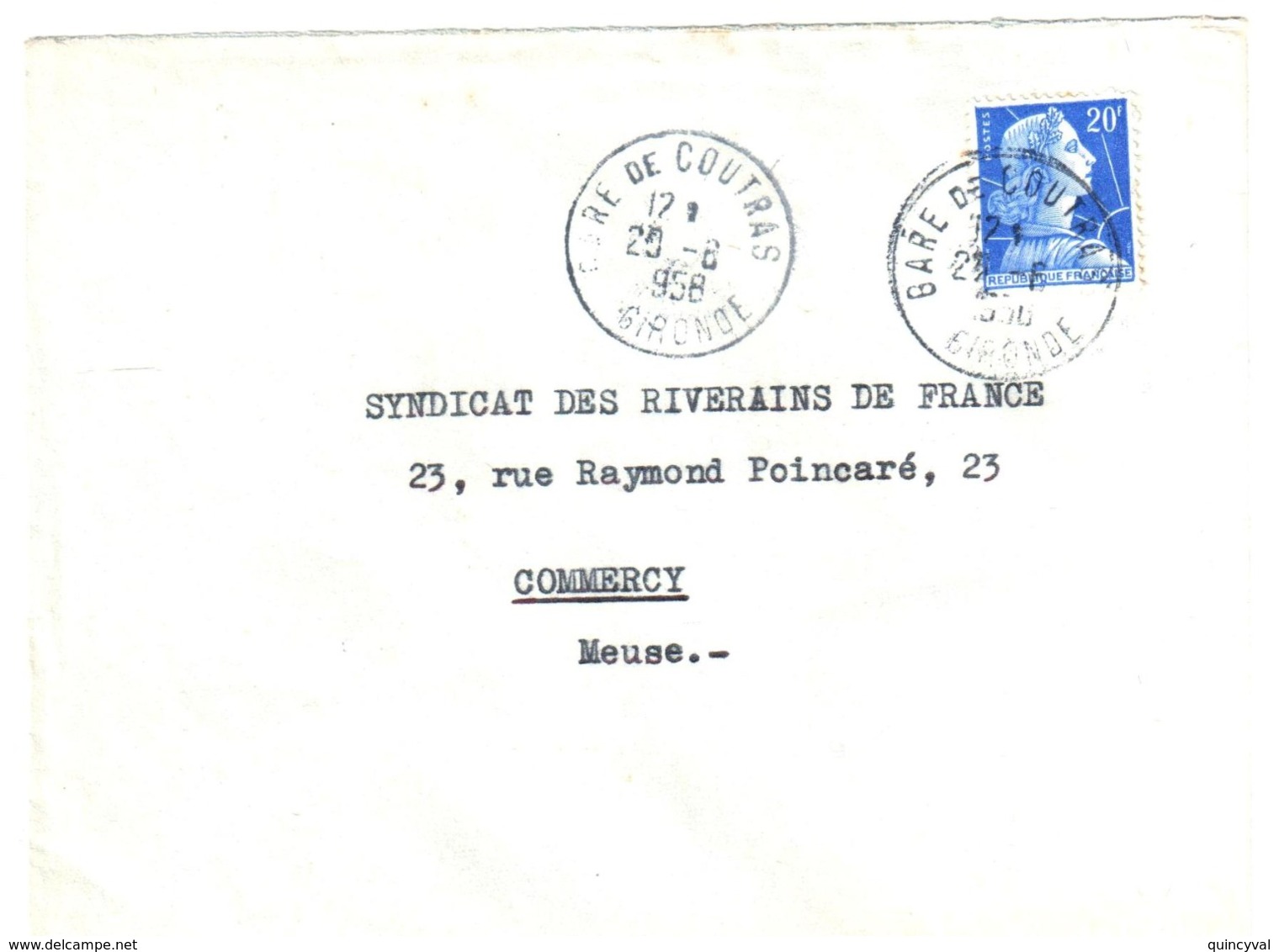 GARE De COUTRAS Gironde Lettre 20 F Muller Bleu Yv 1011B Ob Recette Lautier A7 - Storia Postale