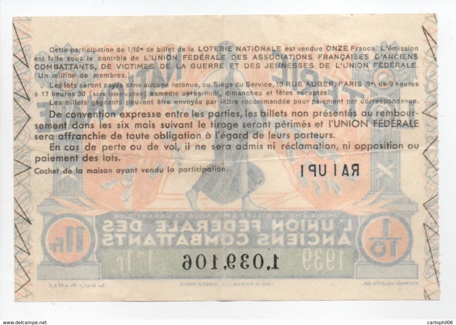 - BILLET DE LOTERIE NATIONALE 1939 - 1re TRANCHE - L'UNION FÉDÉRALE DES ANCIENS COMBATTANTS - - Lottery Tickets